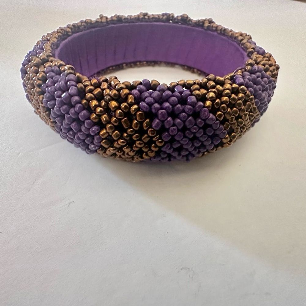 Purple and gold seed beaded chevron bangle bracelet